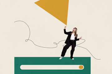 Composite art 3d creative image collage of happy businesswoman dance geometric figurine development...