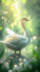 Obraz premium close-up of a goose in its natural habitat, standing near a shimmering pond. The delicate details of its feathers are brought to life