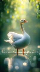 Obraz premium close-up of a goose in its natural habitat, standing near a shimmering pond. The delicate details of its feathers are brought to life