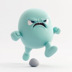 Cute angry blob character, mint green color, anthropomorphic, cartoon style, expressive face, furrowed brow, tiny arms and legs, chasing small gray sphere, white background, 3D rendering, soft lightin