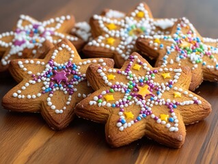 Fototapeta premium Decorative star-shaped cookies with colorful sprinkles and frosting. Perfect for holidays or festive events.