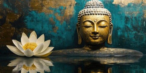 A digital painting of a Buddha's face surrounded by lotus flowers, with a water surface in front of the figure, featuring a turquoise and gold color scheme