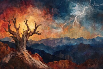A majestic, weathered tree stands against a dramatic backdrop of fiery sunset and stormy sky over a mountain range.