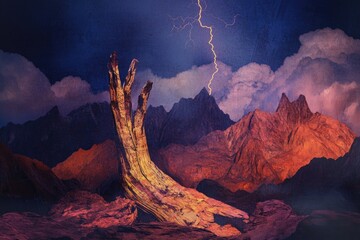 A weathered tree trunk resembles a hand reaching towards stormy mountains under a dramatic lightning strike.