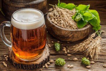 Crafting a rich barley hops beer with fresh ingredients displayed beside a classic mug