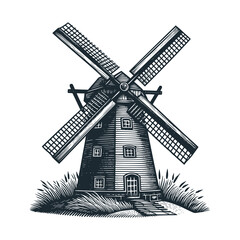 Windmill. Black white vector illustration.