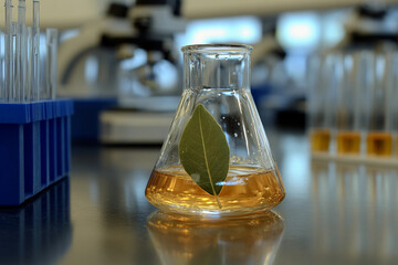 Laboratory glassware featuring a leaf immersed in boiling liquid for scientific exploration
