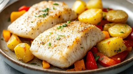 A cozy 4K dinner setting with a hake fillet plated on fine china, accompanied by golden potatoes and a medley of colorful bell peppers.