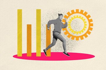 Art 3d sketch photo collage of happy businesswoman run chart development career growth gearwheel...