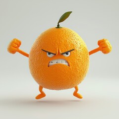 Orange fruit character, angry expression, clenched fists, cartoon style, anthropomorphic, single leaf, white background, 3D rendering, vibrant colors, comical, fruit with attitude, citrus mascot, digi