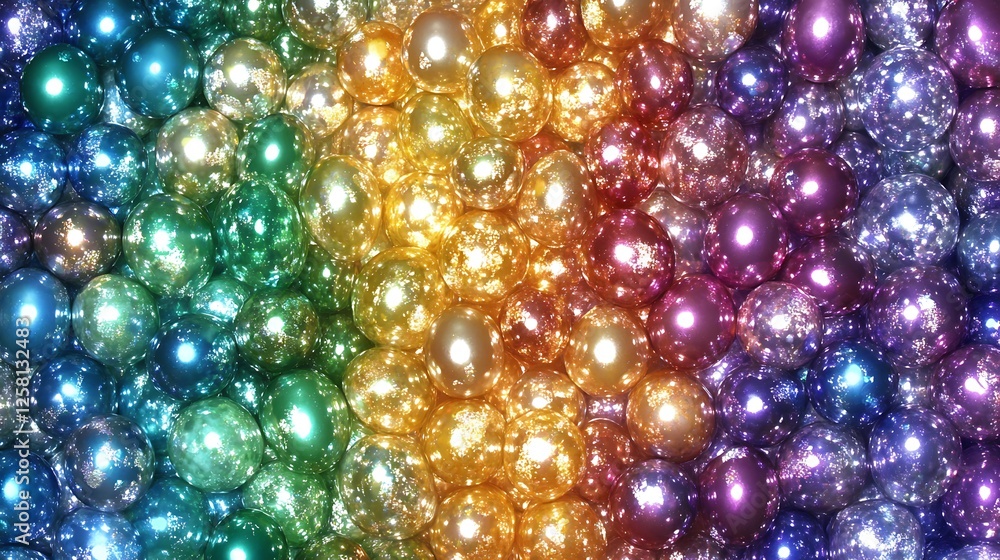 Poster gradient array of iridescent spheres with shimmering surface texture and rainbow color spectrum
