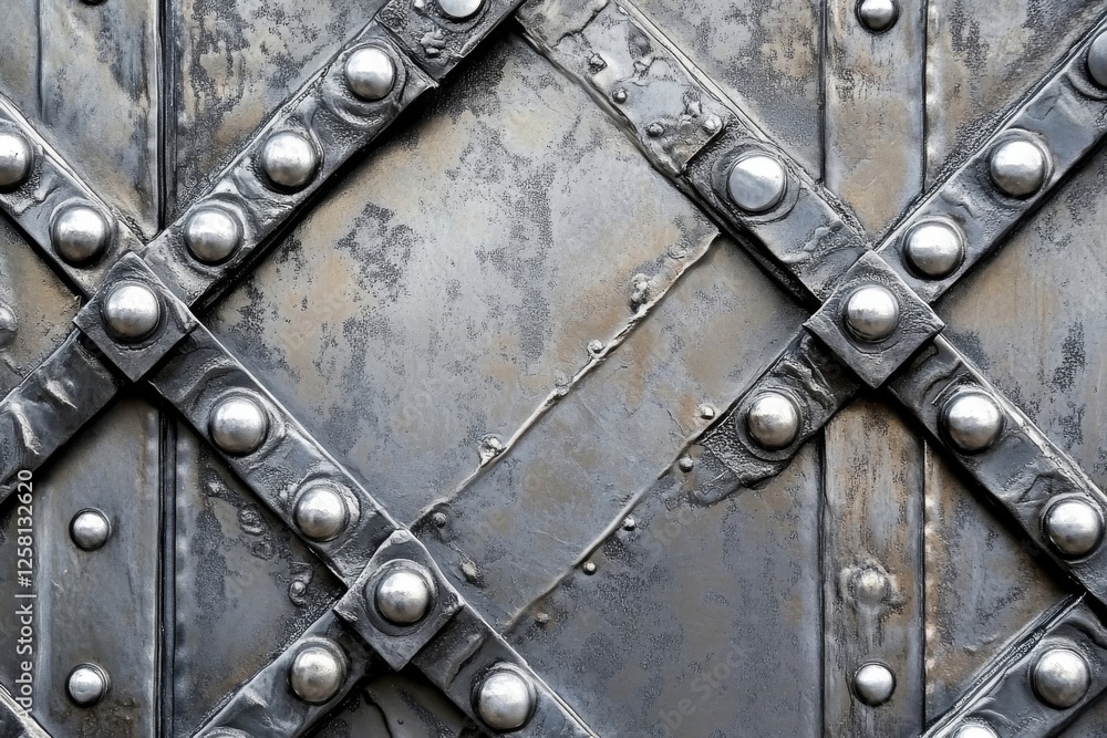 Poster close-up of an old metal gate with rivets and cross-pattern detail