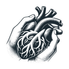 Both hands hold internal organs. Black white vector illustration.