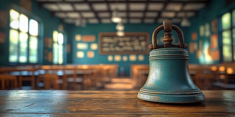 Vintage School Bell on Wooden Desk in a Rustic Classroom