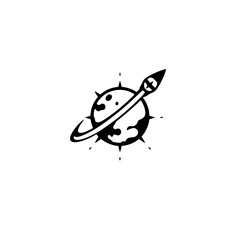 Black and White stylized illustration of a rocket emerging from a planet, with an orbit ring.