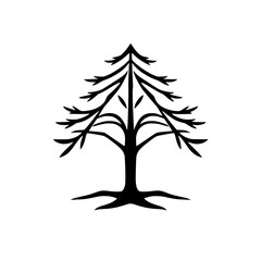 Vectorized depiction of a coniferous tree in silhouette against white background. The trees' branches show in silhouette, with a white background.