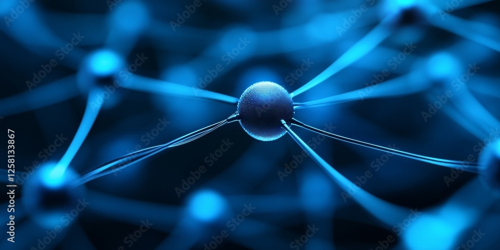 Poster blue network interconnected nodes and lines on dark background, digital vector artwork