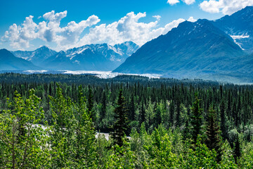 Alaska wilderness with snowcapped mountains, rivers and lakes