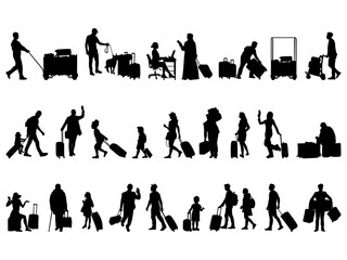Set of People at Airport Silhouette in various poses isolated on white background