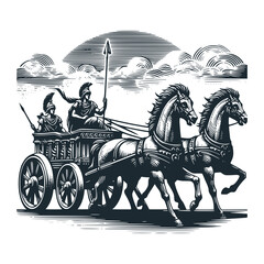 Roman horse-drawn chariot. Black white vector illustration.