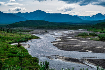 Alaska wilderness with snowcapped mountains, rivers and lakes