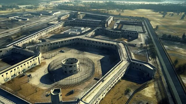 Concrete structures and guard towers dominate the landscape in this aerial view of a deserted prison complex, revealing the layout of cell blocks, exercise yards, and surrounding perimeter walls