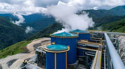 Industrial Processing Tanks Elevated On Mountain Landscape