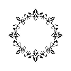 Circular Black ink drawing of a floral wreath on a white background, capturing the elegance and symmetry of nature.