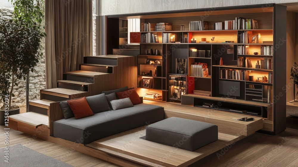 Poster living area with a retractable wall, multi-purpose furniture, and modular shelving to create private