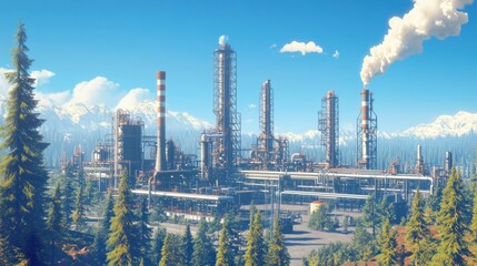 Obraz premium A detailed 4K image capturing a vast oil refinery with neatly arranged pipelines, surrounded by trees and a clear blue sky