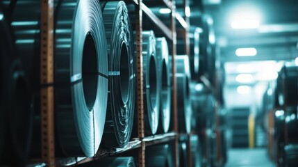A detailed 4K industrial photo showing cold-rolled steel coils stored on heavy-duty racks in a well-lit factory storage area.