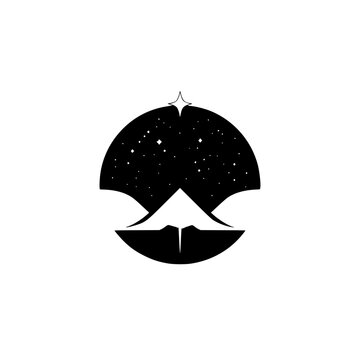 Crescent moon with starry sky, a minimalist, stylized illustration, star, circle, and a bright, light eminating point.