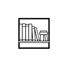 Bookshelf filled with books, and a small table or stool, illustrating a minimalist library theme.