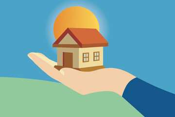 Creative illustration showcasing a house held in a hand with a sunset backdrop signifying real estate opportunities