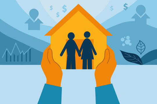 Couple holding a house icon surrounded by elements representing real estate investment and financial growth