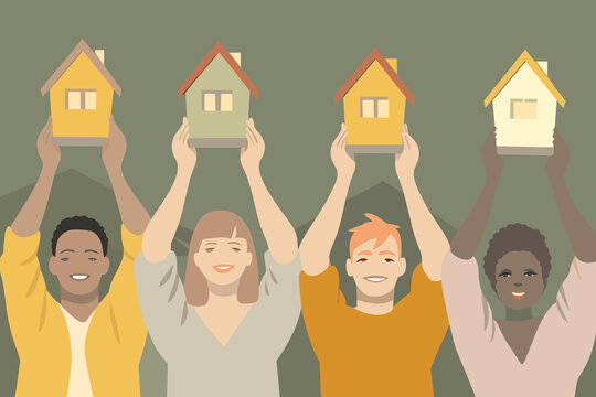 Diverse group of people celebrating home ownership with colorful house models in a joyful illustration