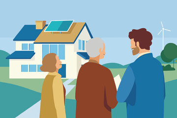 Real estate professionals discussing sustainable home features with potential buyers in a suburban neighborhood