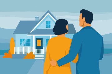 Couple considering real estate options while standing outside a charming home during a calm afternoon