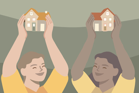 Individuals celebrating home ownership with illustrations of houses in their hands amidst a simplified landscape