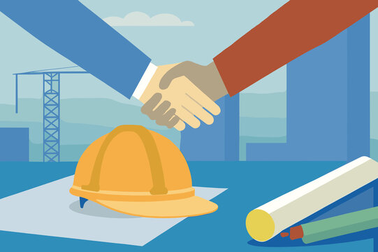 Real estate partnership formation with handshake and construction elements in background