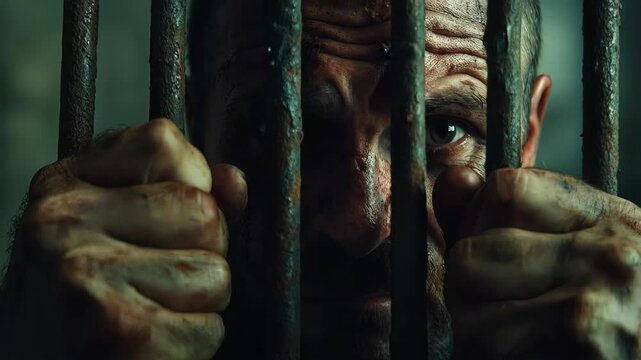 Desperate prisoner gripping rusty jail bars, revealing raw emotional turmoil of confinement through intensely haunting facial expression showing profound anguish and overwhelming despair
