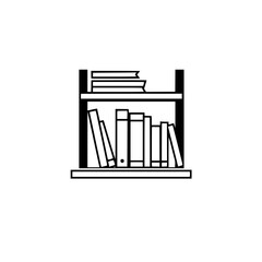 Bookstore shelf with books, black and white illustration.