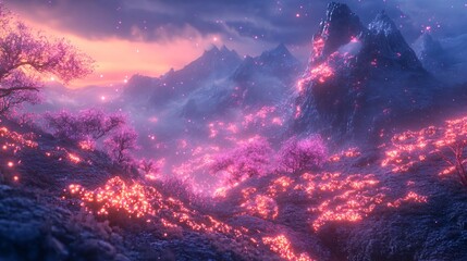 Fototapeta premium A mystical mountaintop where glowing vines wrap around vibrant pink and orange rocks