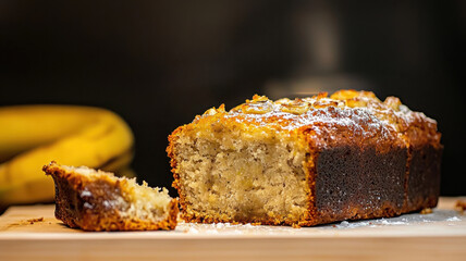 Delicious banana bread loaf with slice cut out, showcasing its moist texture and golden crust. Perfect for dessert or breakfast