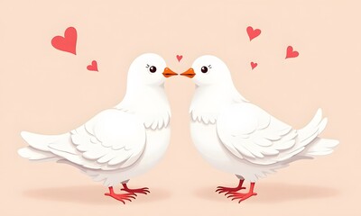 Fototapeta premium Two White Doves Nearly Touching Beaks with Hearts on Peach Background