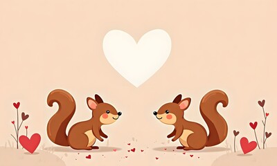 Sweet Squirrel Couple with Floating Heart and Garden Elements on Peach Background