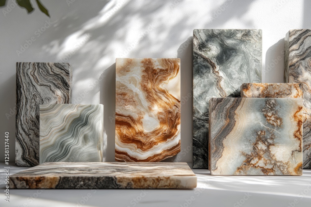 Poster varied onyx slabs arranged artistically, showcasing their unique patterns and colors in a minimalist