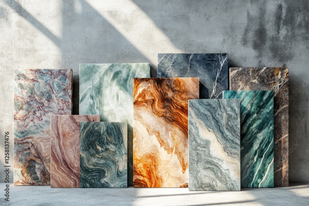 Poster collection of various marble slabs with unique patterns and colors displayed against a textured wall