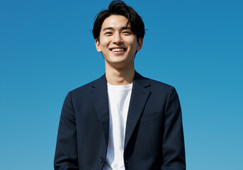 青空と笑顔の日本人男性、ジャケット、ビジネスマン