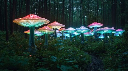 A surreal forest where giant mushrooms glow in every shade of blue, green, and pink